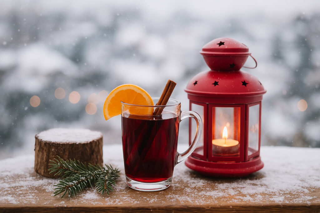 Man sieht ein Teelicht in einer Laterne und nebenbei ein Glas Tee mit Zimtstange und Orangenscheibe,. Im Hintergrund schneit es und chnee liegt auch am Boden.