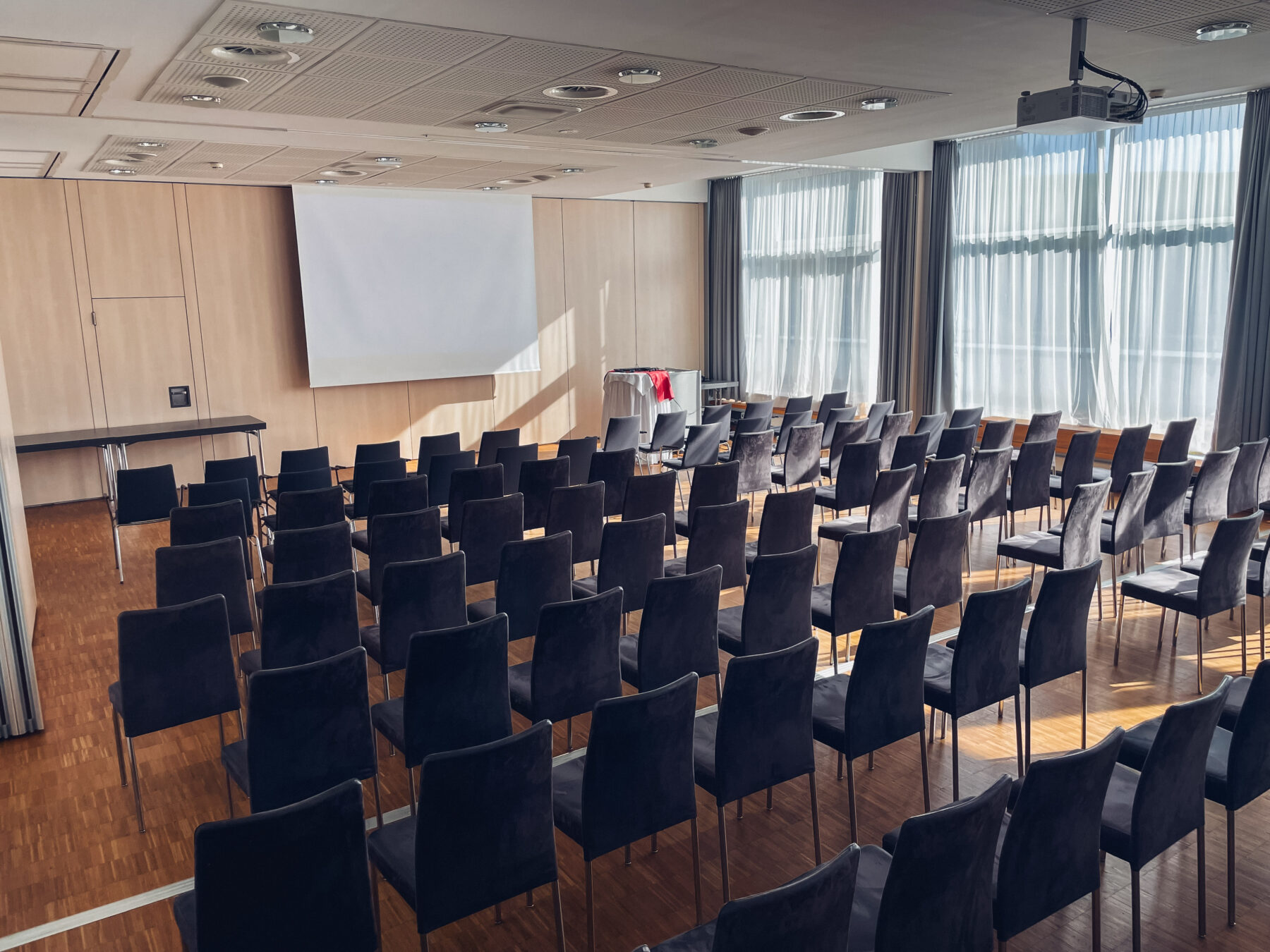 Seminarraum mit einer Kinobestuhlung und vorne ein Stehtisch und Leinwand.