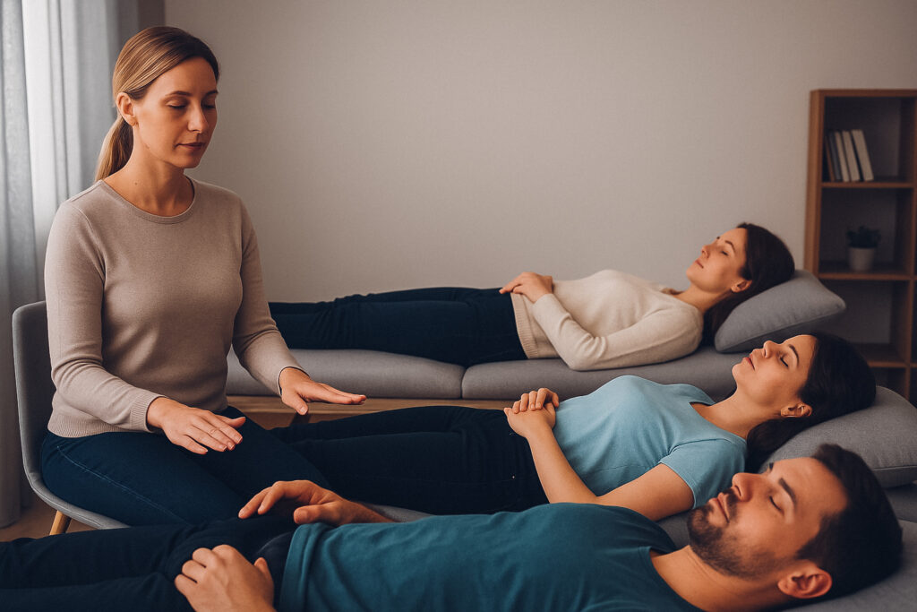 Man sieht 3 liegende Personen mit geschlossenen Augen und eine vierte Person sitzend, ebenfalls mit geschlossenen Augen und Händen nach vorne zeigend.