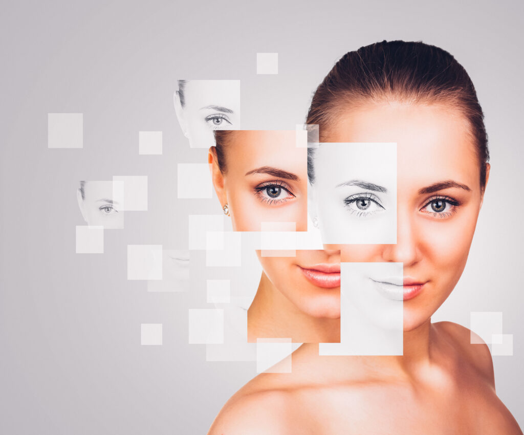 ChatGPT: Das Bild zeigt eine Frau mit digital überlagerten Bildelementen, die auf Hautanalyse oder kosmetische Hautbehandlung hinweisen.