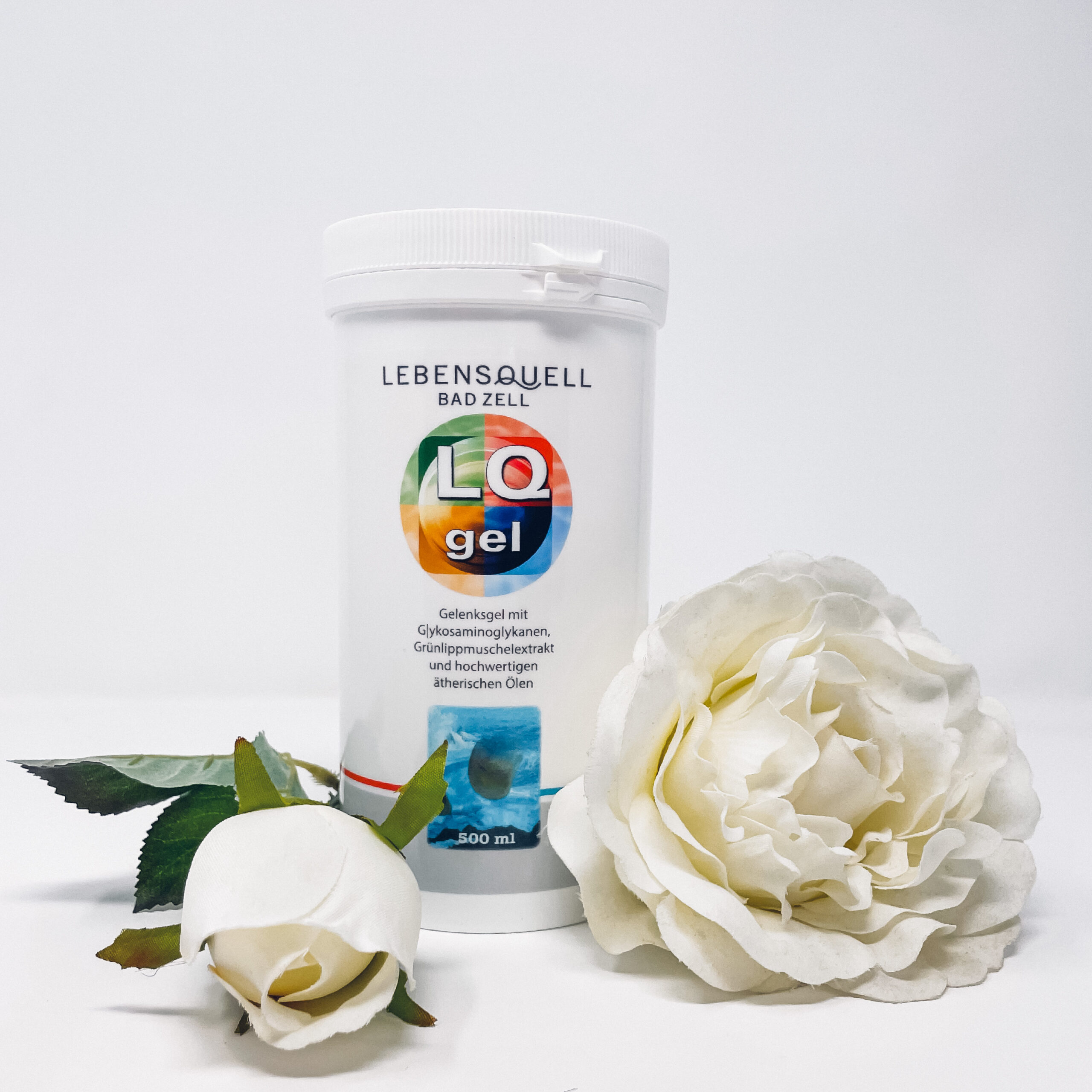 LQ-Gel-Nachfüller 500 ml mit zwei weißen Blumen