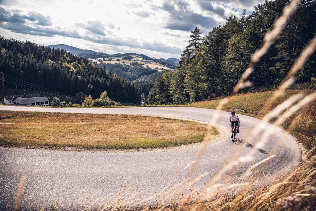 Ein Mann am Rennradfahren - gerade fährt er in einer Kurve und im Hintergrund das Mühlviertel.
