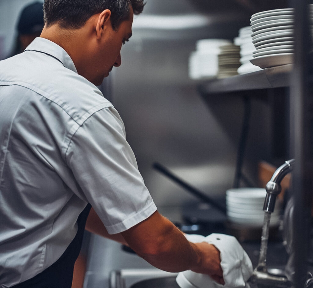 Man sieht einen Mann, der gerade dabei ist, dreckiges Geschirr zu waschen. Im Hintergrund die Waschstraße und sauberes Geschirr.